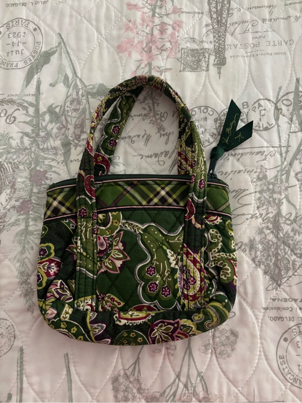 Vera Bradley Green Paisley Quilted Mini Tote